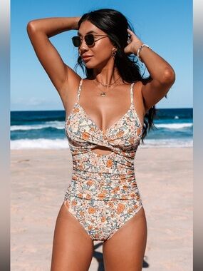 Cupshe Floral Cutout One-Piece Swimsuit in Cream, Orange, Blue  Sz: S